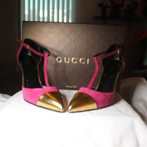 Pre-Loved Gucci Pink Gold Colorblock Cap Toe T Strap Pumps Shoes size 37